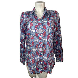TALBOTS Top Women's Size M Blue Pink White Printed Cotton Button LS Shirt Office